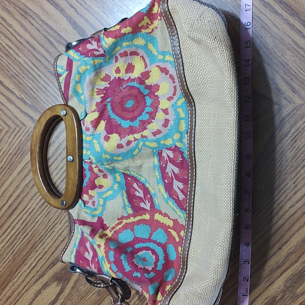 Fossil Floral Canvas and Straw Tote Bag with Wooden Handle - Multicolor